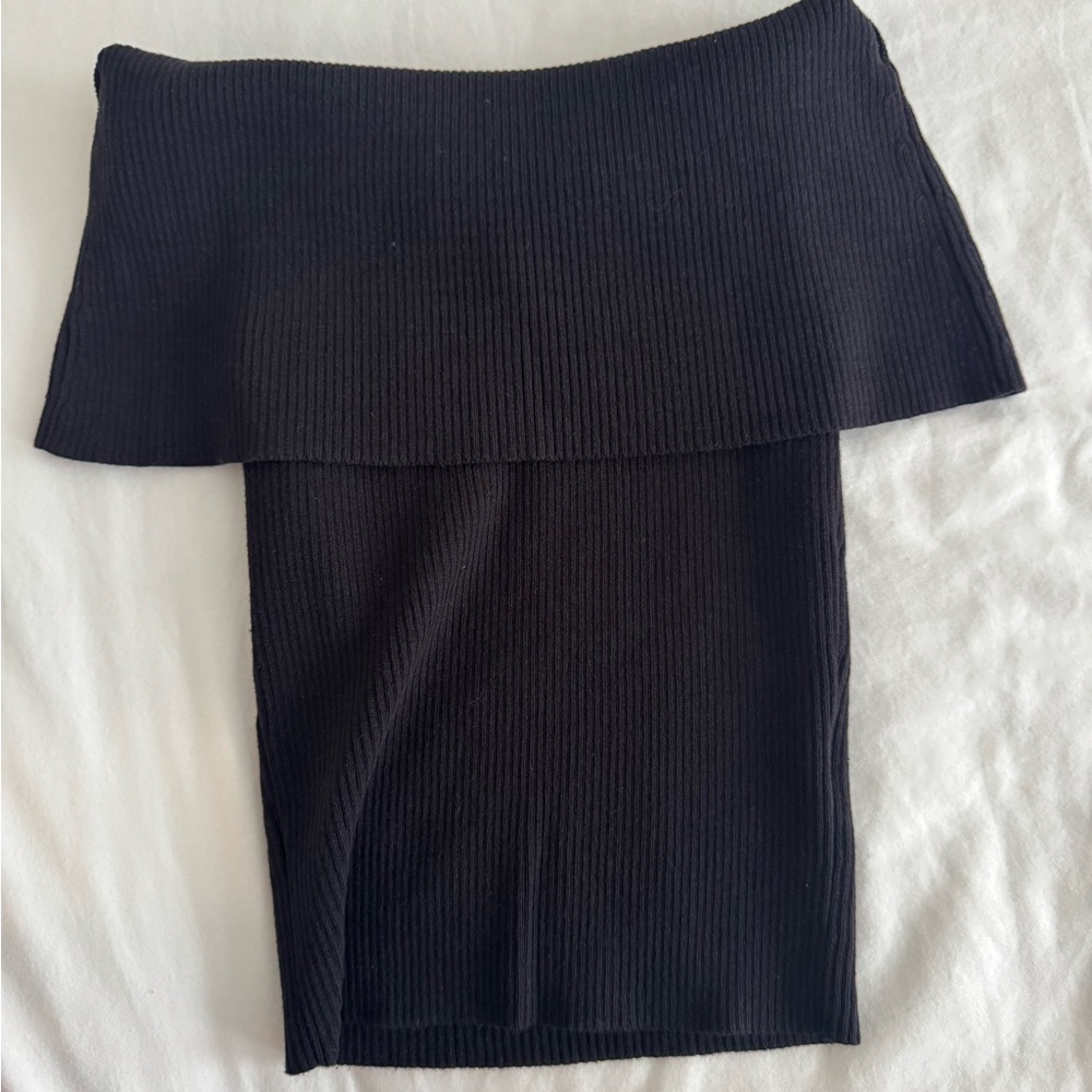 Black Ribbed Knit Off the Shoulder Top